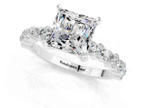 White gold Princess Cut Moissanite Side Stone Solitaire Ring with Round  and Four-Prong Setting_49