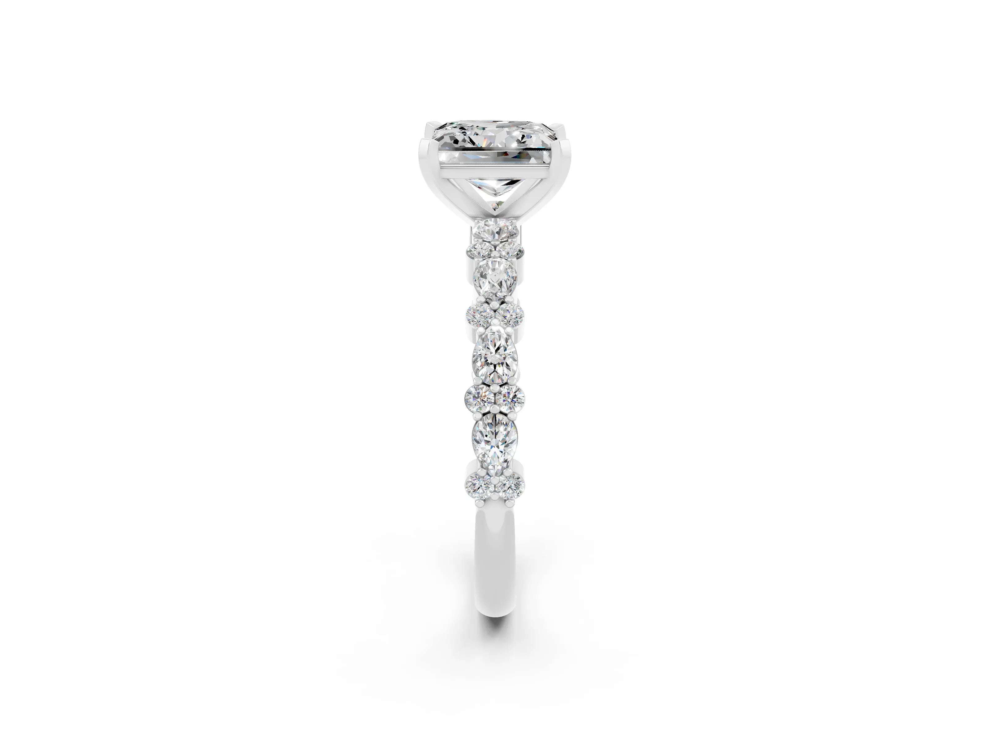White gold Princess Cut Moissanite Side Stone Solitaire Ring with Round  and Four-Prong Setting_50