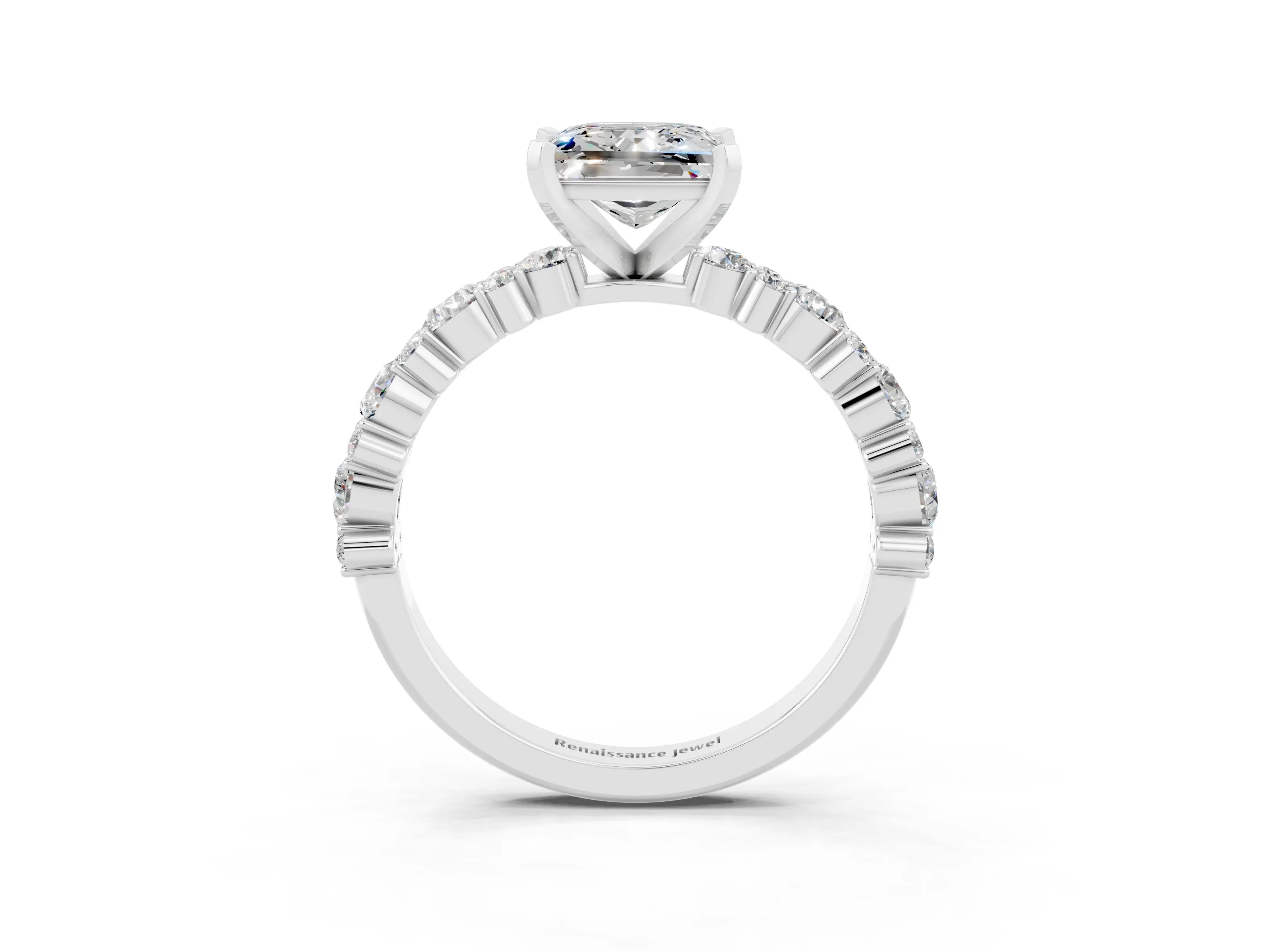 White gold Princess Cut Moissanite Side Stone Solitaire Ring with Round  and Four-Prong Setting_51