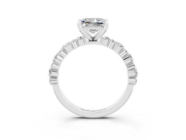 White gold Princess Cut Moissanite Side Stone Solitaire Ring with Round  and Four-Prong Setting