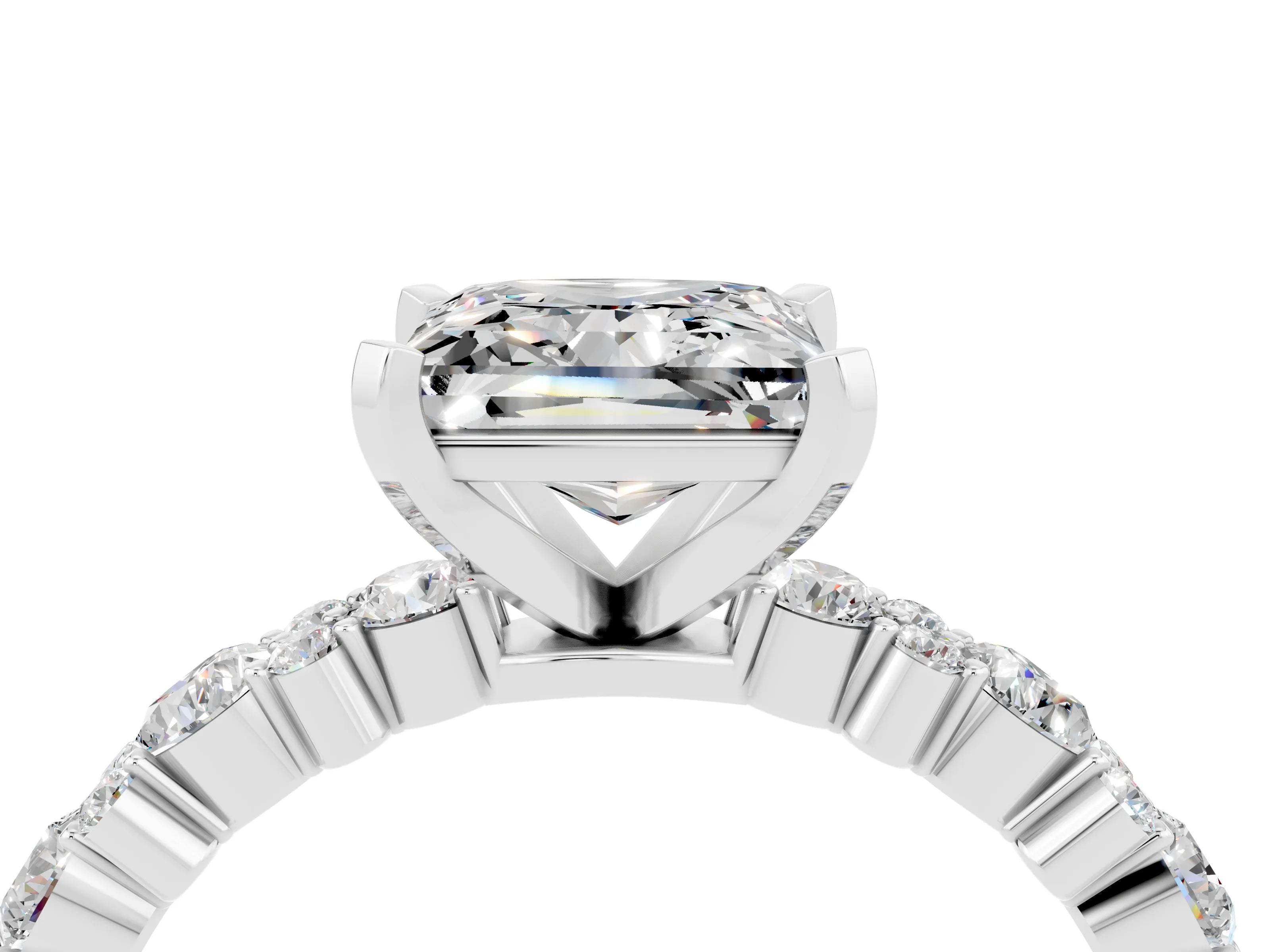 White gold Princess Cut Moissanite Side Stone Solitaire Ring with Round  and Four-Prong Setting_52