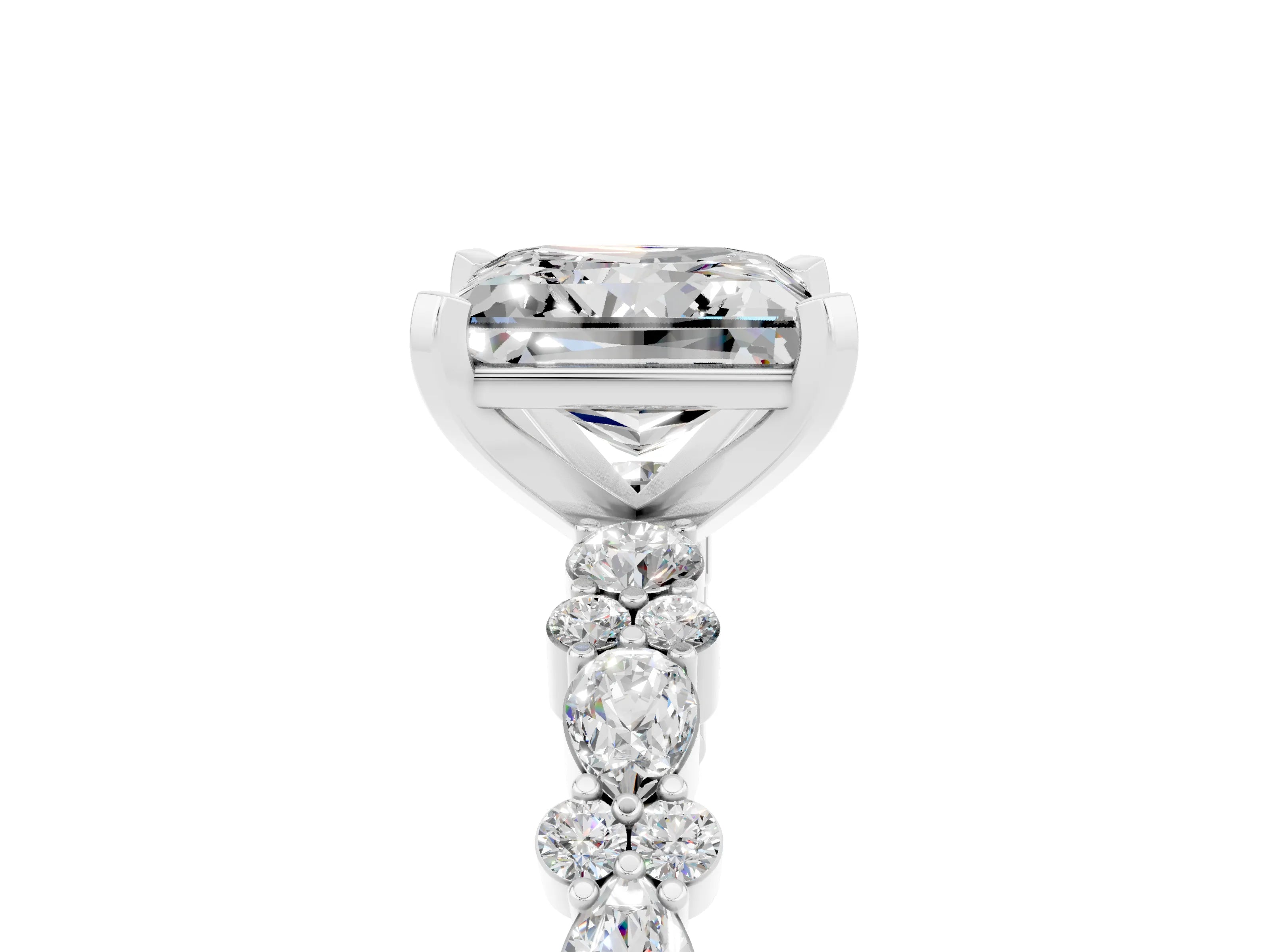 White gold Princess Cut Moissanite Side Stone Solitaire Ring with Round  and Four-Prong Setting_53