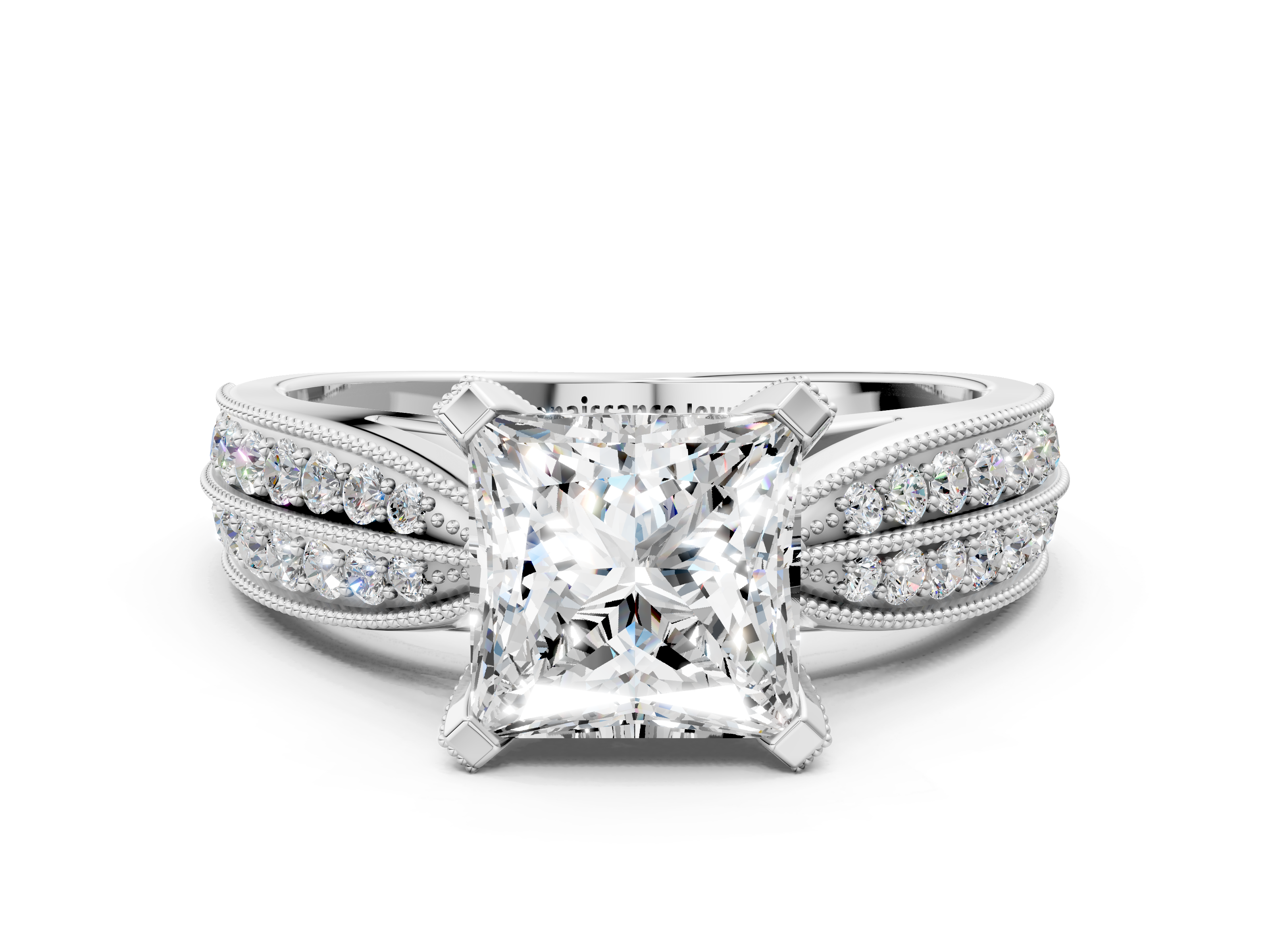 White gold Princess Cut Moissanite   Solitaire Diamond Ring with Milgrain Pavé Band and Four-Prong Setting_51