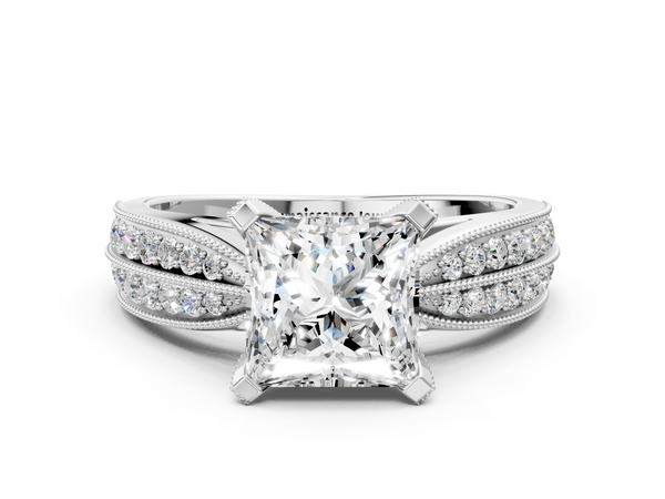 Silver Princess Cut Moissanite   Solitaire Diamond Ring with Milgrain Pavé Band and Four-Prong Setting