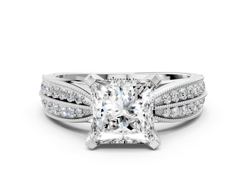 White gold Princess Cut Moissanite   Solitaire Diamond Ring with Milgrain Pavé Band and Four-Prong Setting_53