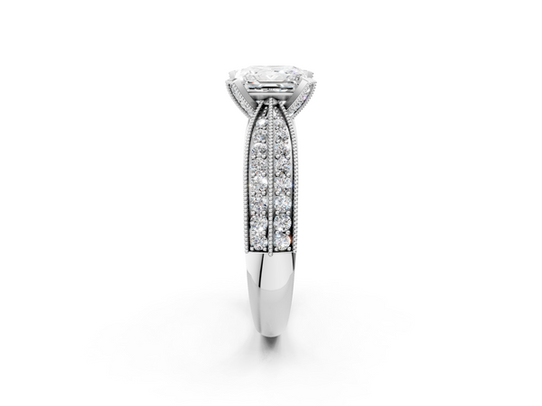 Silver Princess Cut Moissanite   Solitaire Diamond Ring with Milgrain Pavé Band and Four-Prong Setting