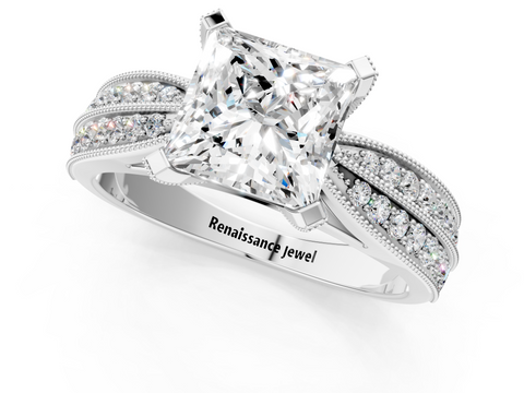 White gold Princess Cut Moissanite   Solitaire Diamond Ring with Milgrain Pavé Band and Four-Prong Setting_53