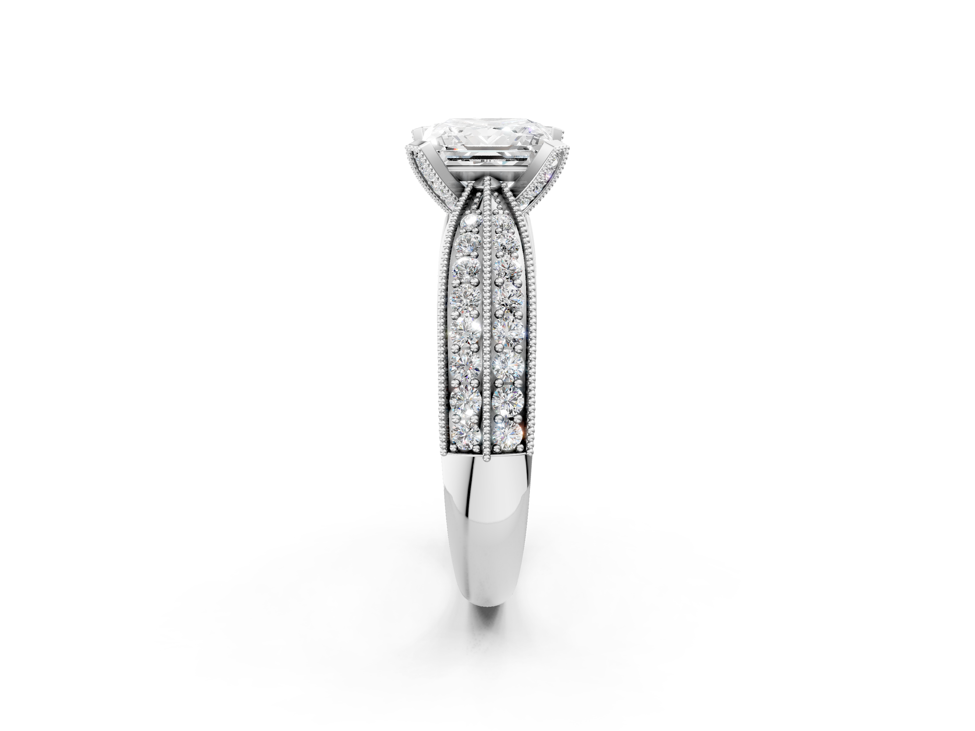 White gold Princess Cut Moissanite   Solitaire Diamond Ring with Milgrain Pavé Band and Four-Prong Setting_54