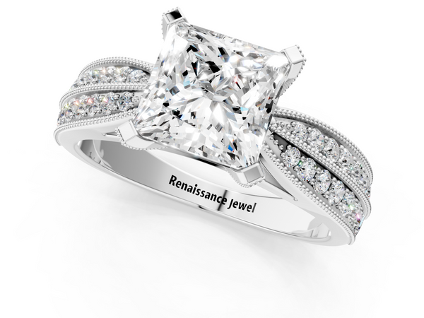 White gold Princess Cut Moissanite   Solitaire Diamond Ring with Milgrain Pavé Band and Four-Prong Setting