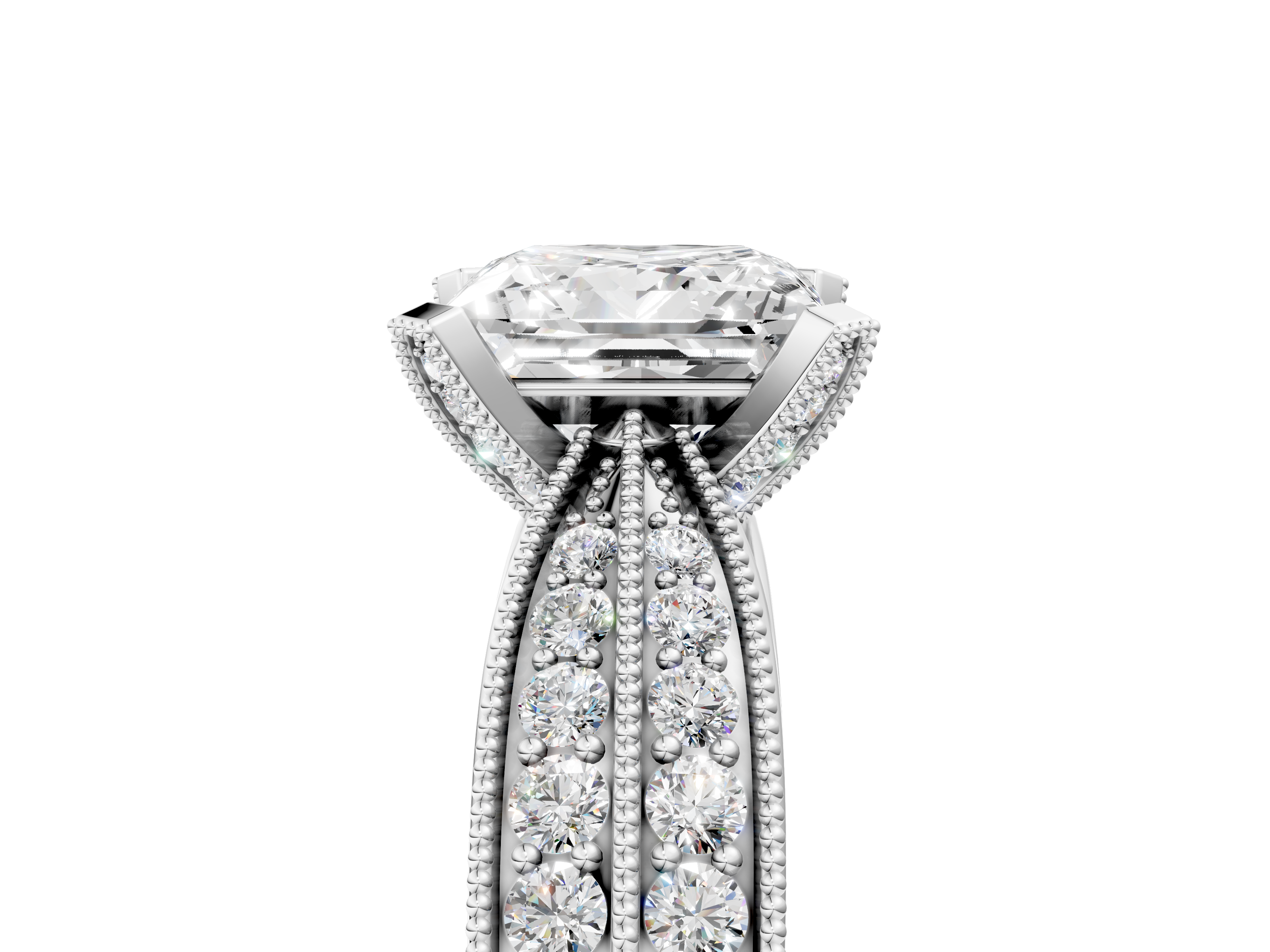 White gold Princess Cut Moissanite   Solitaire Diamond Ring with Milgrain Pavé Band and Four-Prong Setting_56