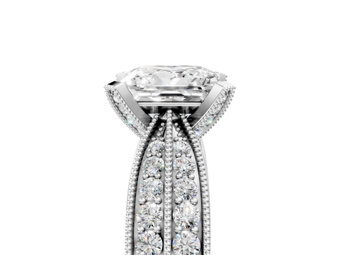 White gold Princess Cut Moissanite   Solitaire Diamond Ring with Milgrain Pavé Band and Four-Prong Setting_56