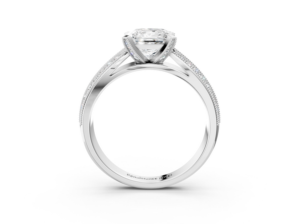 White gold Princess Cut Moissanite   Solitaire Diamond Ring with Milgrain Pavé Band and Four-Prong Setting