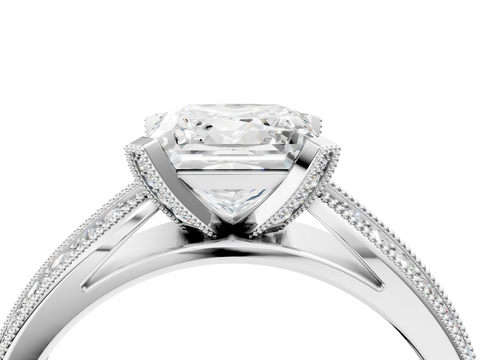 White gold Princess Cut Moissanite   Solitaire Diamond Ring with Milgrain Pavé Band and Four-Prong Setting_57