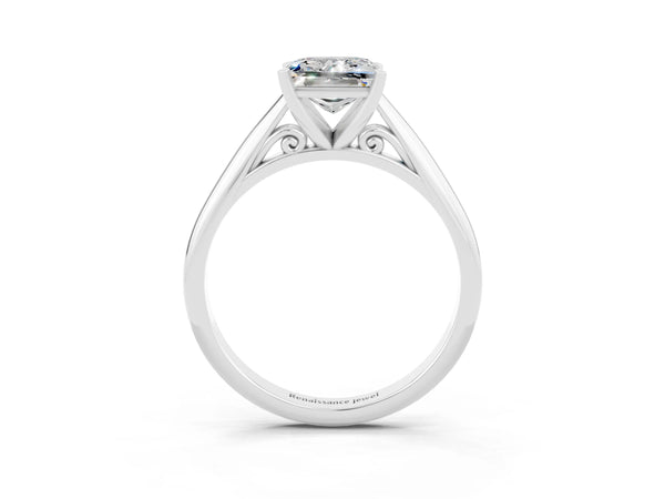 Platinum Princess Cut Moissanite Solitaire Engagement Ring with Cathedral Setting and Four-Prong Mount