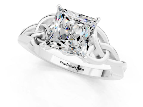 White gold Princess Cut Moissanite Solitaire Engagement Ring with Celtic Knot Band and Four-Prong Setting_1