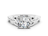 White gold Princess Cut Moissanite Solitaire Engagement Ring with Celtic Knot Band and Four-Prong Setting