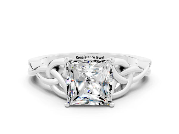 White gold Princess Cut Moissanite Solitaire Engagement Ring with Celtic Knot Band and Four-Prong Setting
