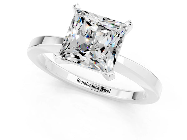 Silver Princess Cut Moissanite Solitaire Engagement Ring with Classic Band and Four-Prong Setting