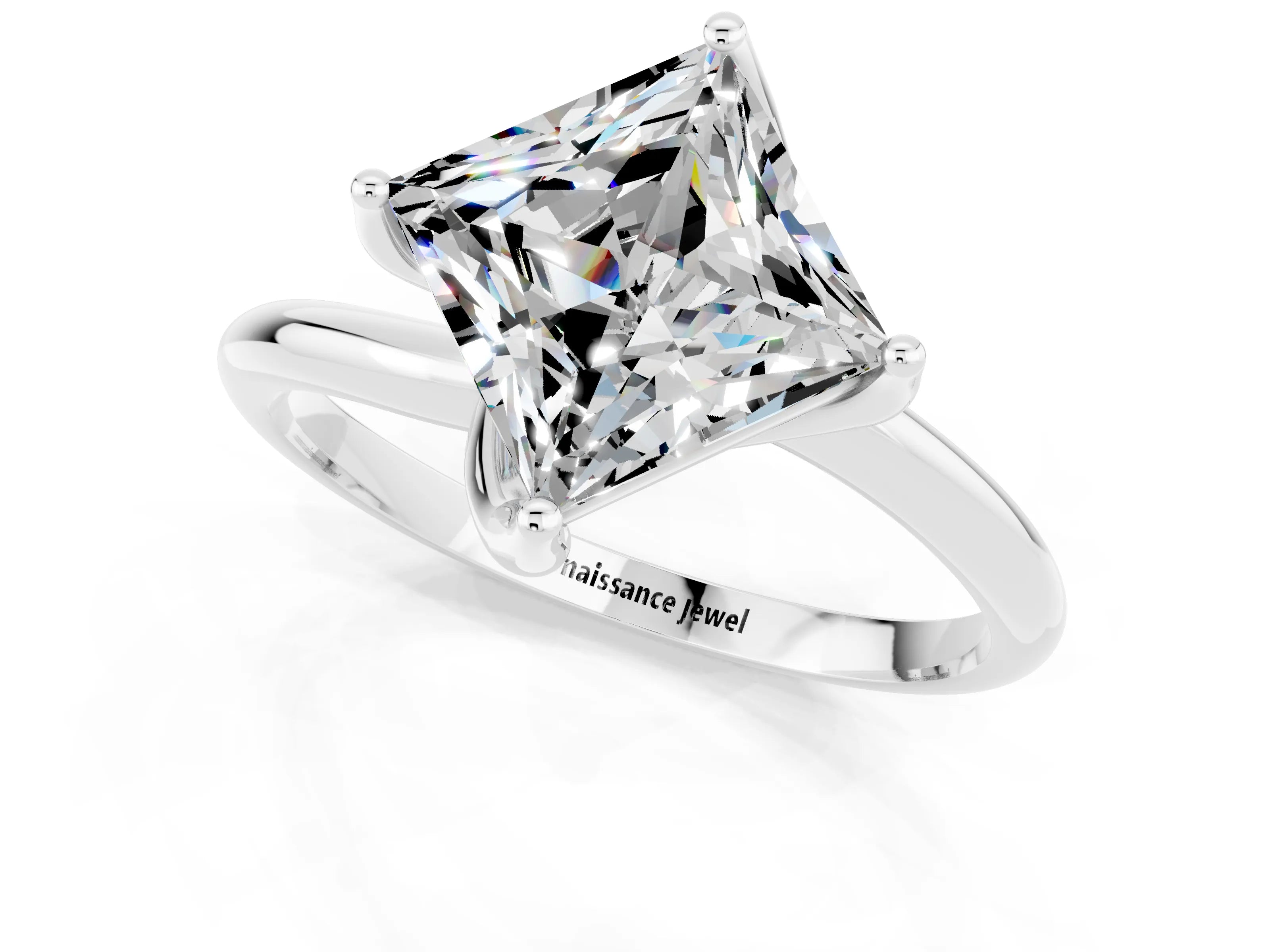 White gold Princess Cut Moissanite Solitaire Engagement Ring with Four-Prong Setting and Classic Band_13