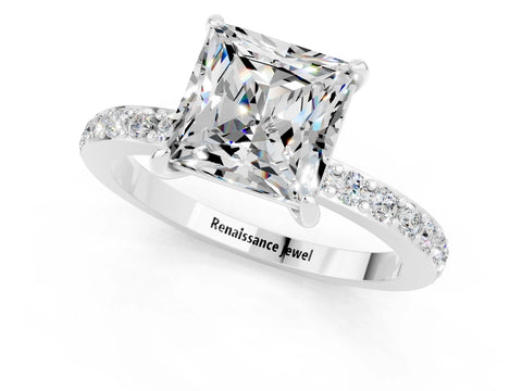 White gold Princess Cut Moissanite Solitaire Engagement Ring with Pavé Band and Four-Prong Setting_1