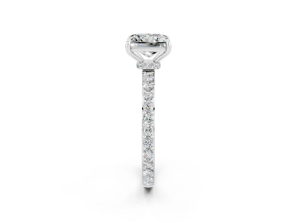 White gold Princess Cut Moissanite Solitaire Engagement Ring with Pavé Band and Four-Prong Setting