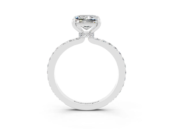 Platinum Princess Cut Moissanite Solitaire Engagement Ring with Pavé Band and Four-Prong Setting
