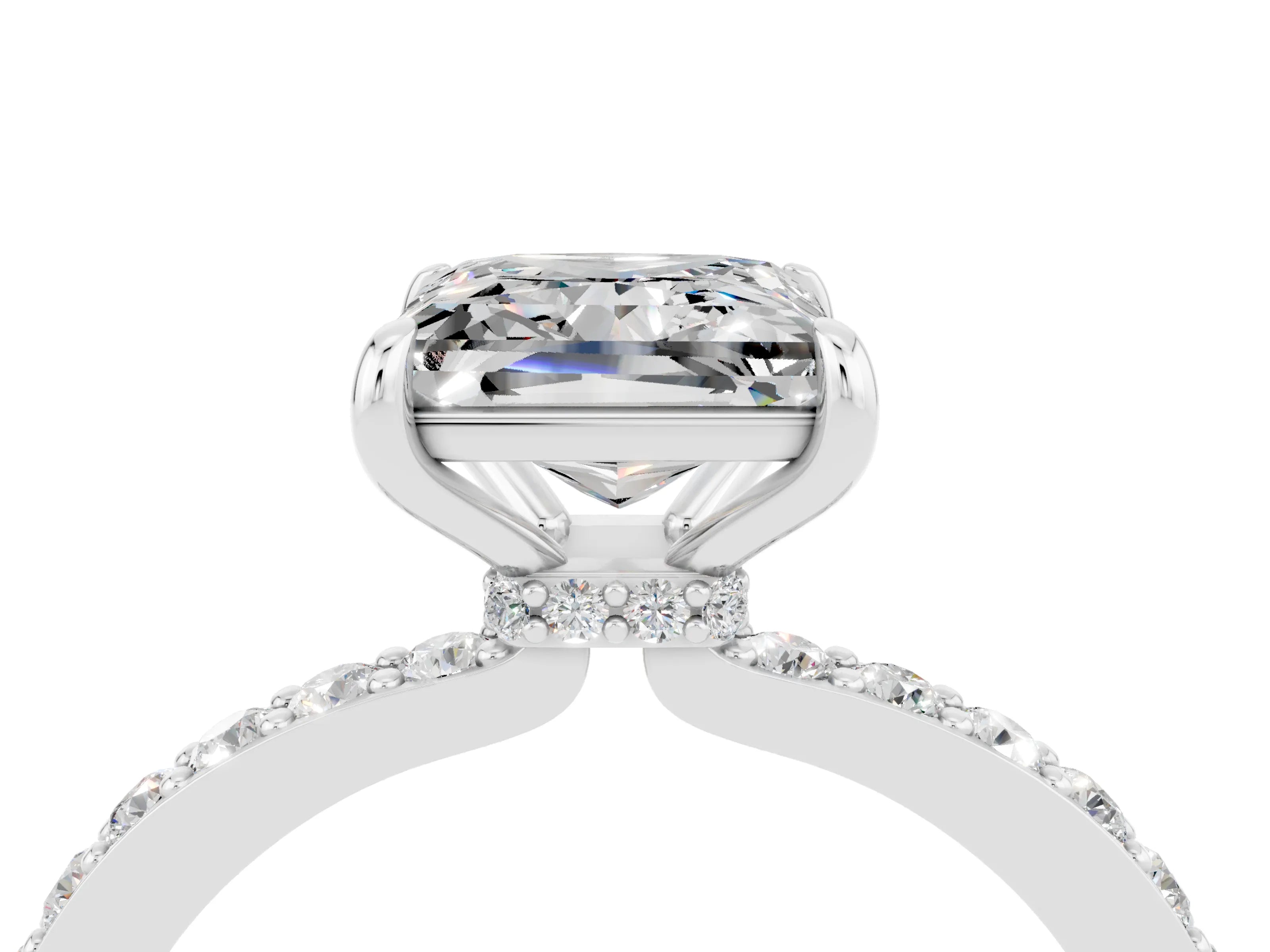 White gold Princess Cut Moissanite Solitaire Engagement Ring with Pavé Band and Four-Prong Setting_4