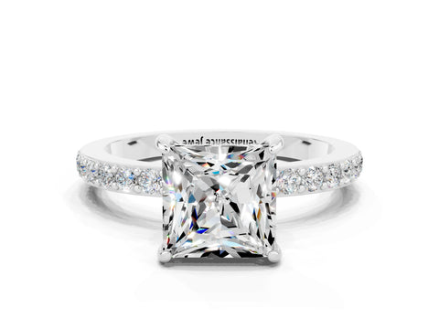 White gold Princess Cut Moissanite Solitaire Engagement Ring with Pavé Band and Four-Prong Setting
