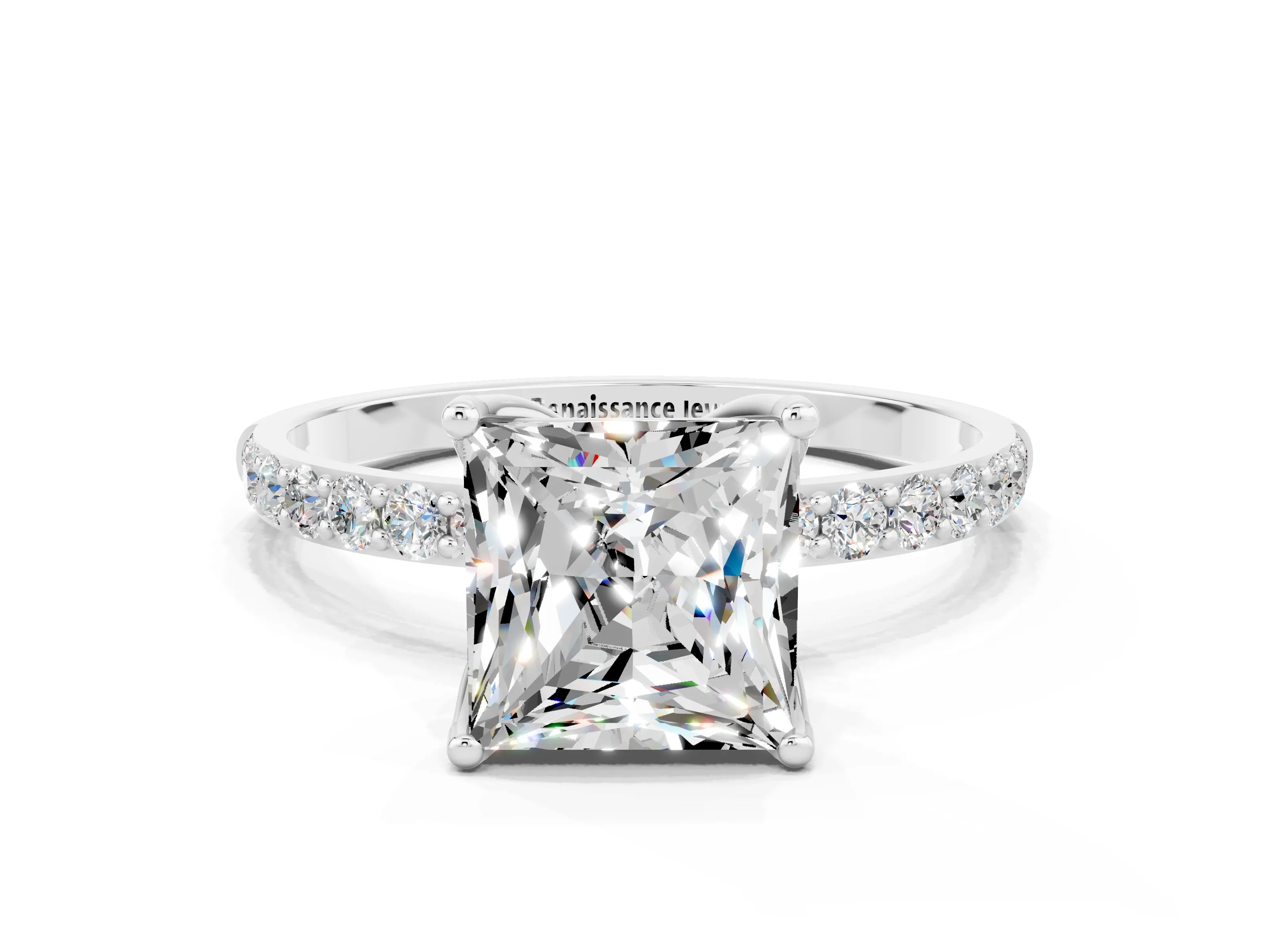 White gold Princess Cut Moissanite Solitaire Engagement Ring with Pavé Band and Prong Setting