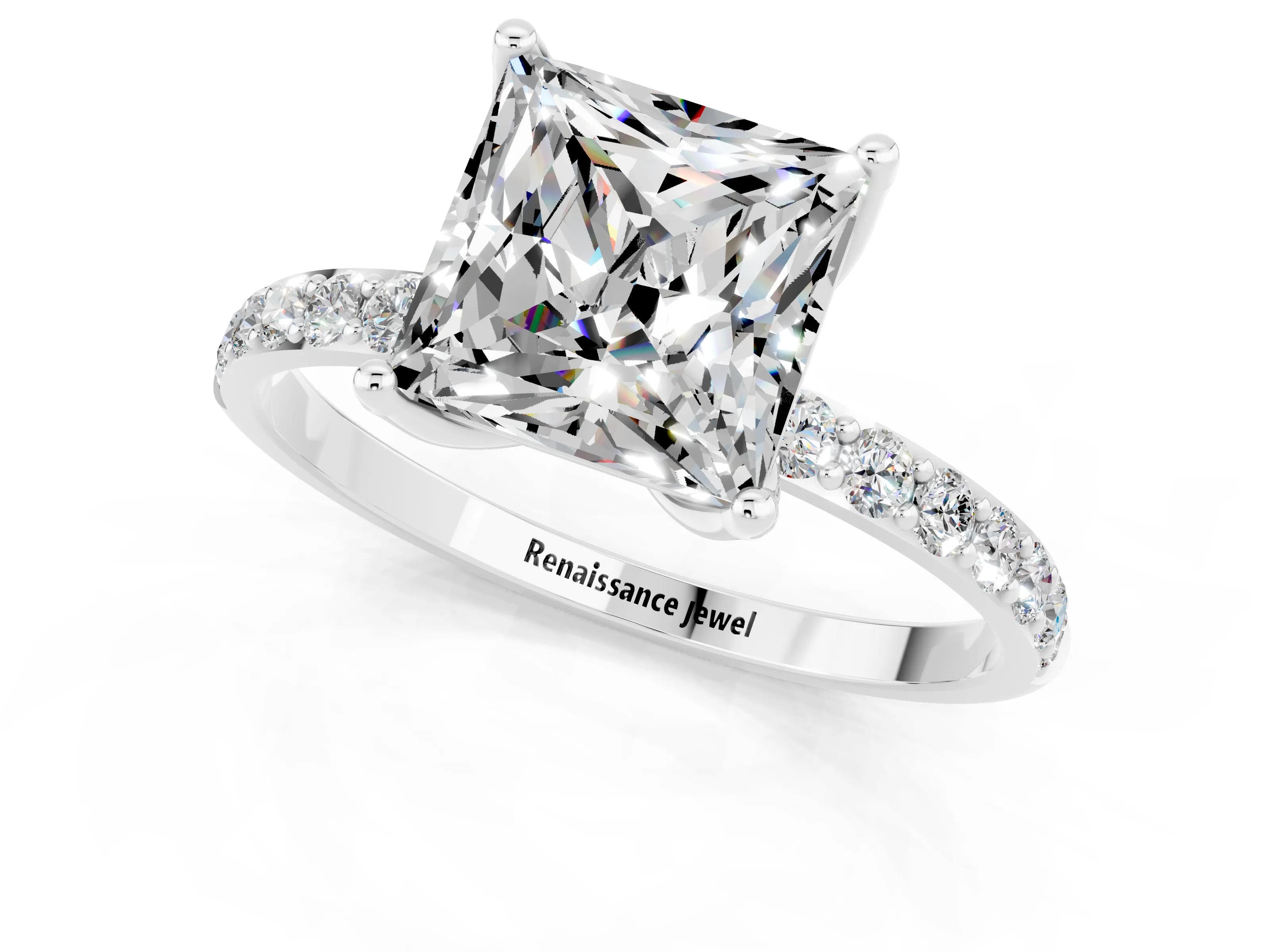 White gold Princess Cut Moissanite Solitaire Engagement Ring with Pavé Band and Prong Setting_1