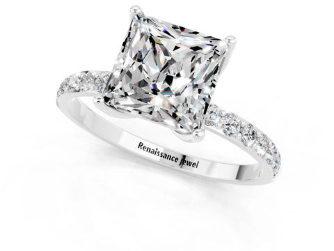 White gold Princess Cut Moissanite Solitaire Engagement Ring with Pavé Band and Prong Setting_1