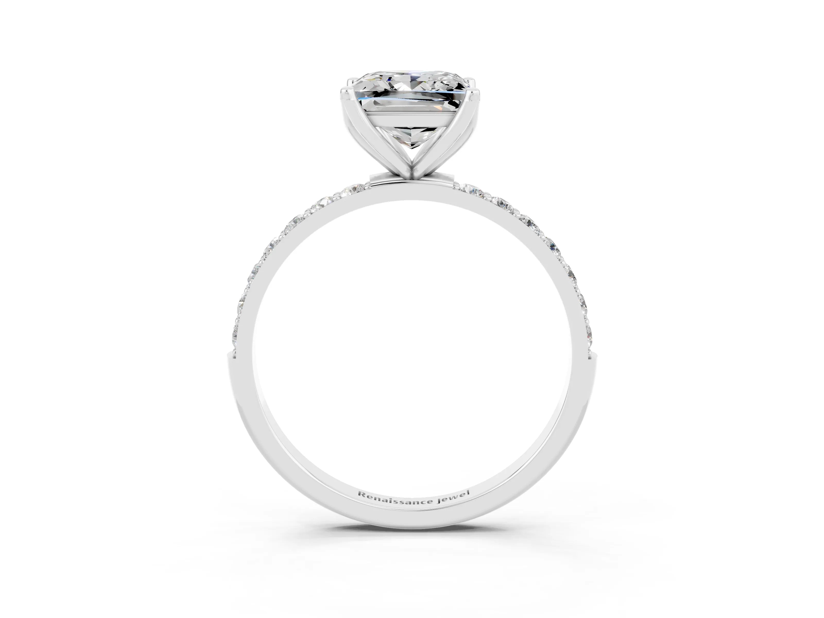 White gold Princess Cut Moissanite Solitaire Engagement Ring with Pavé Band and Prong Setting_3