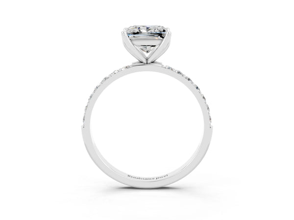 White gold Princess Cut Moissanite Solitaire Engagement Ring with Round  Pavé Band and Prong Setting