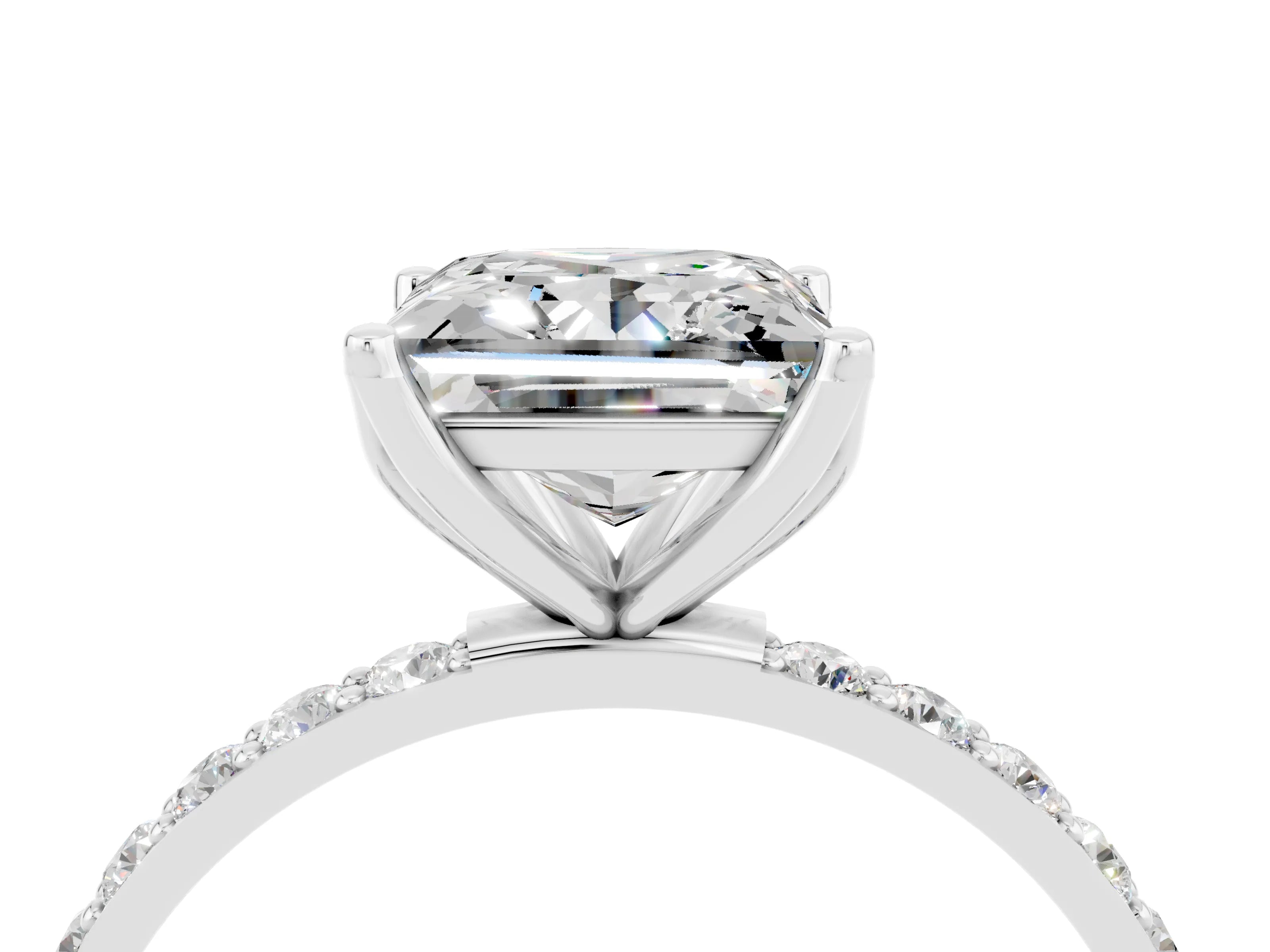 White gold Princess Cut Moissanite Solitaire Engagement Ring with Pavé Band and Prong Setting_4