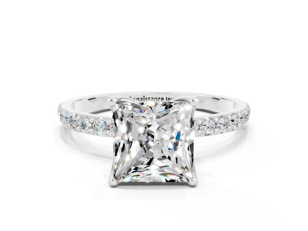 Silver Princess Cut Moissanite Solitaire Engagement Ring with Round  Pavé Band and Prong Setting
