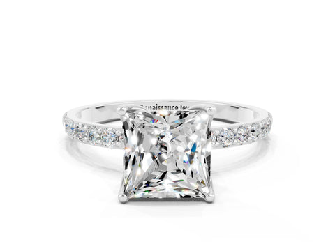 White gold Princess Cut Moissanite Solitaire Engagement Ring with Pavé Band and Prong Setting