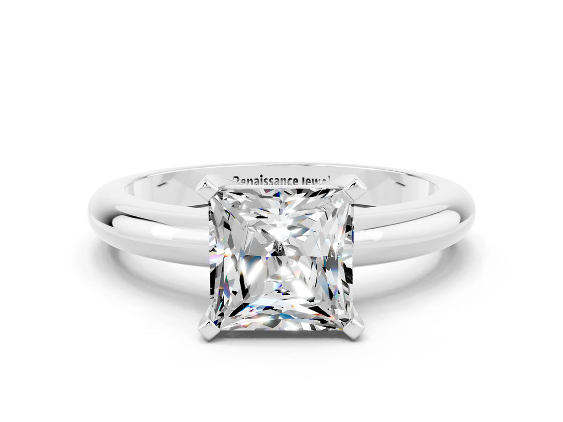White gold Princess Cut Moissanite Solitaire Engagement Ring with Round Band and Four-Prong Setting