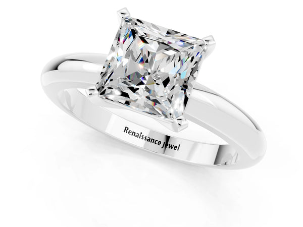 White gold Princess Cut Moissanite Solitaire Engagement Ring with Round Band and Four-Prong Setting