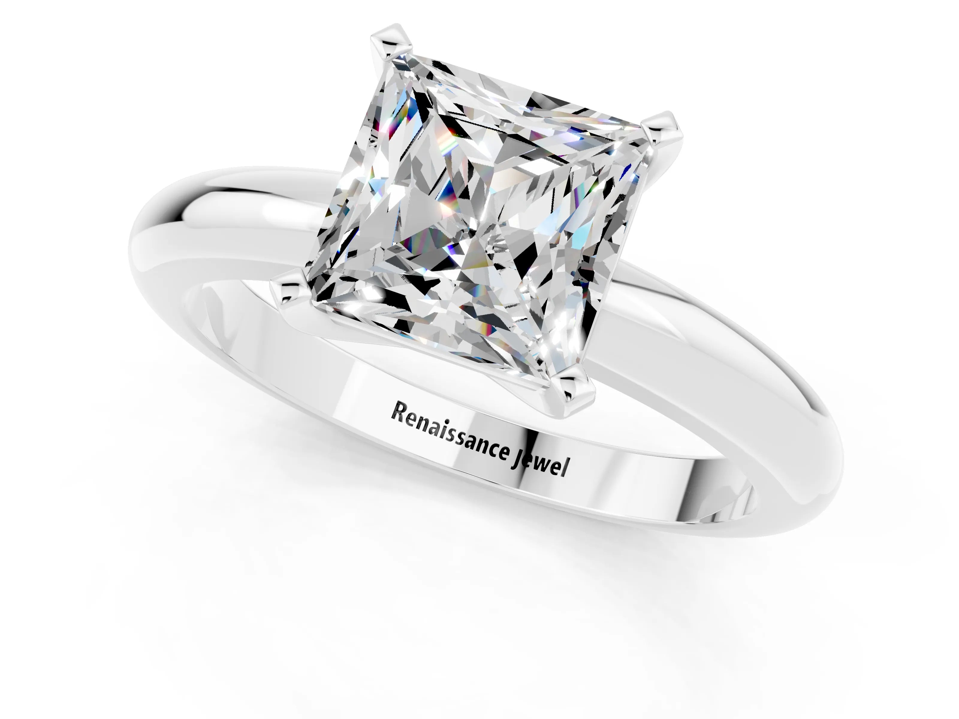 White gold Princess Cut Moissanite Solitaire Engagement Ring with Round Band and Four-Prong Setting_1