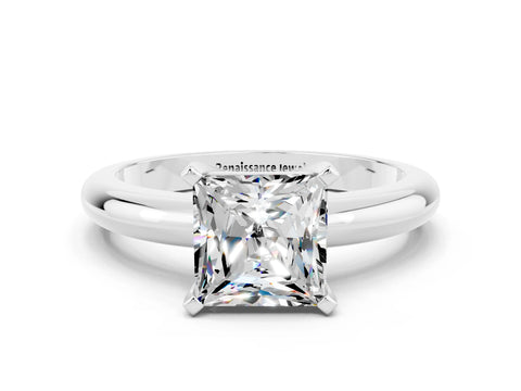 White gold Princess Cut Moissanite Solitaire Engagement Ring with Round Band and Four-Prong Setting