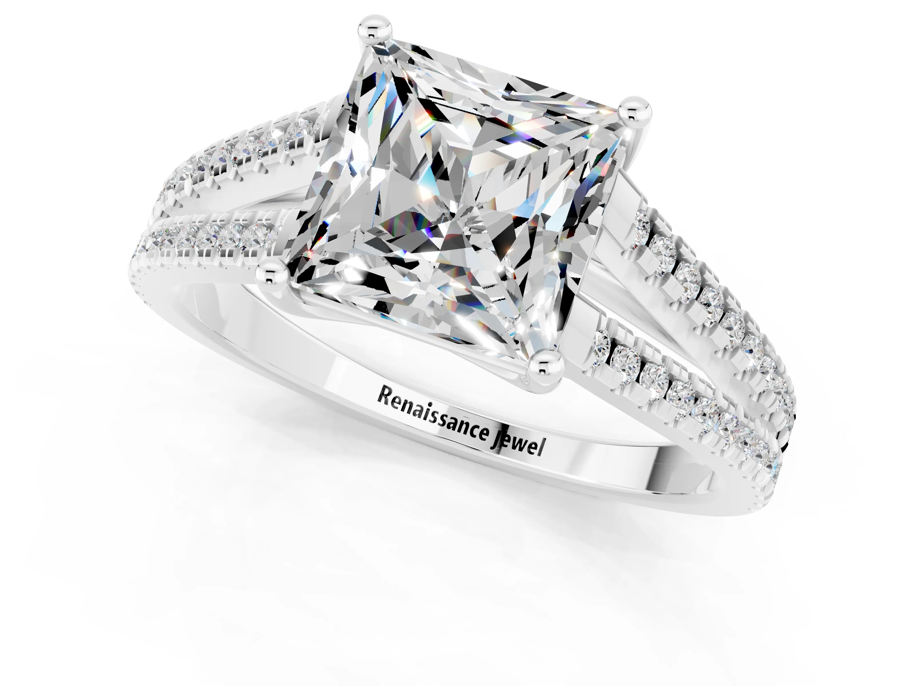 White gold Princess Cut Moissanite Solitaire Engagement Ring with Split Shank Pavé Band_1