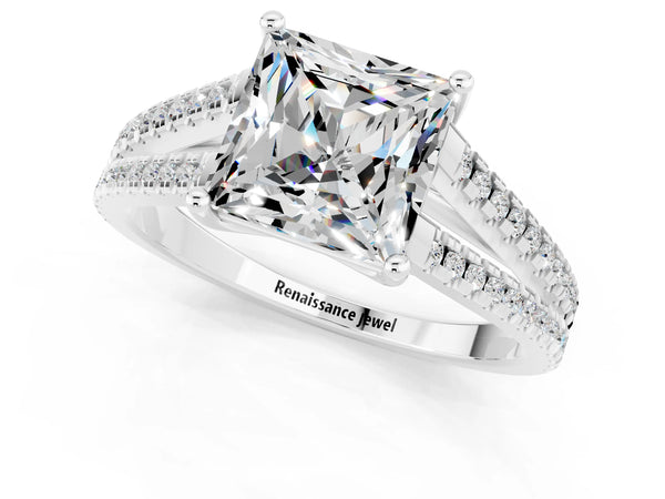 Platinum Princess Cut Moissanite Solitaire Engagement Ring with Split Shank Pavé Band
