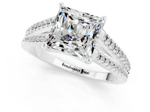 White gold Princess Cut Moissanite Solitaire Engagement Ring with Split Shank Pavé Band_1