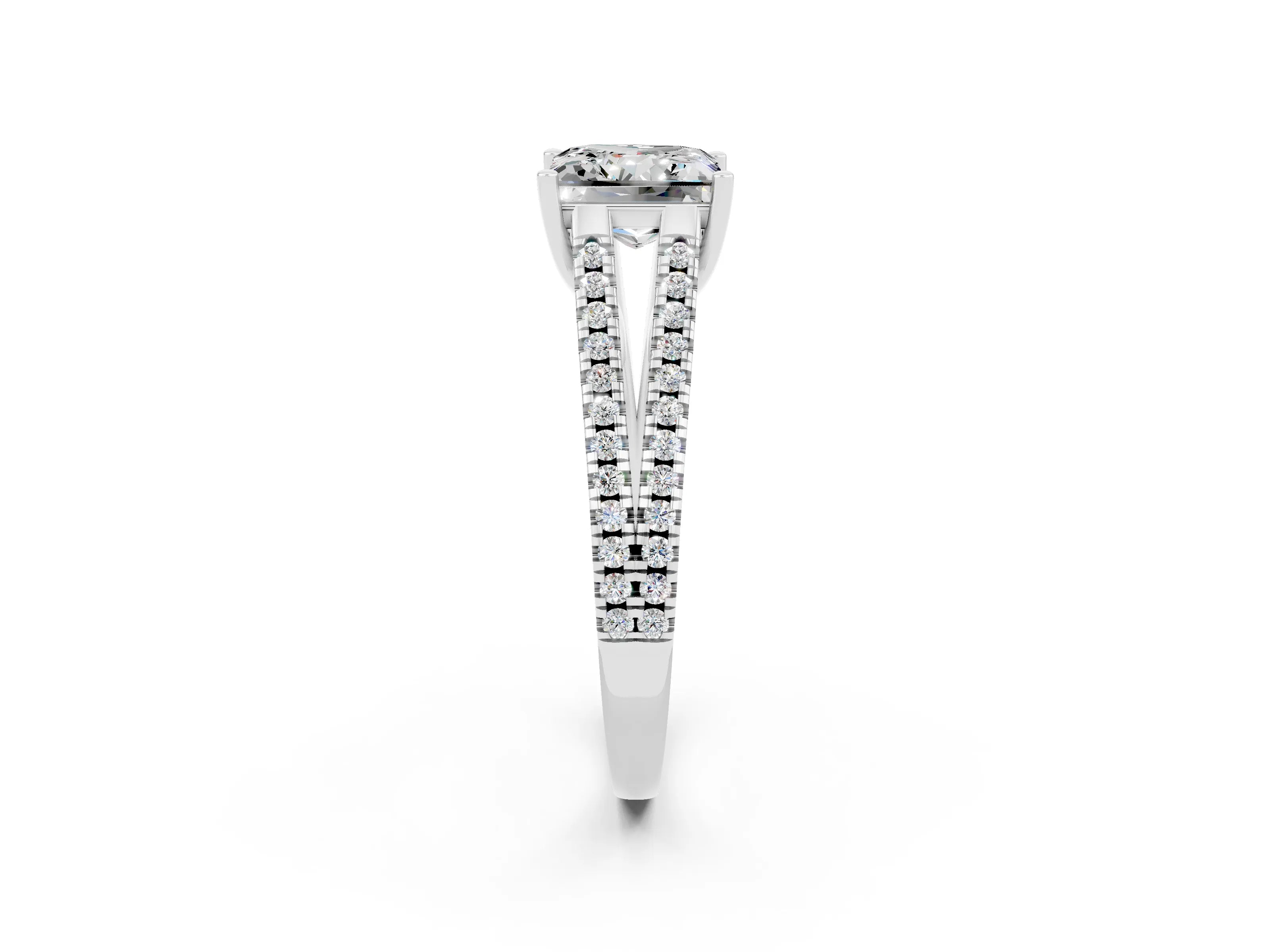 White gold Princess Cut Moissanite Solitaire Engagement Ring with Split Shank Pavé Band_2