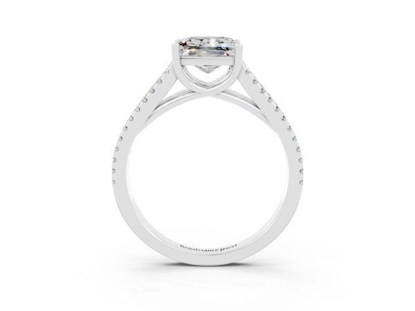 White gold Princess Cut Moissanite Solitaire Engagement Ring with Split Shank Pavé Band