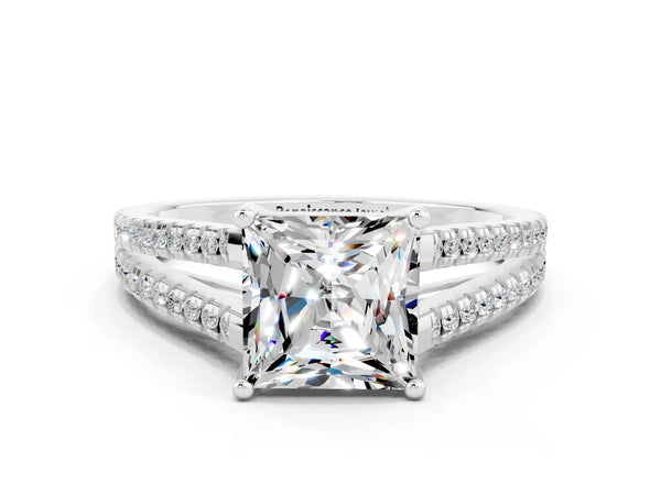 Silver Princess Cut Moissanite Solitaire Engagement Ring with Split Shank Pavé Band