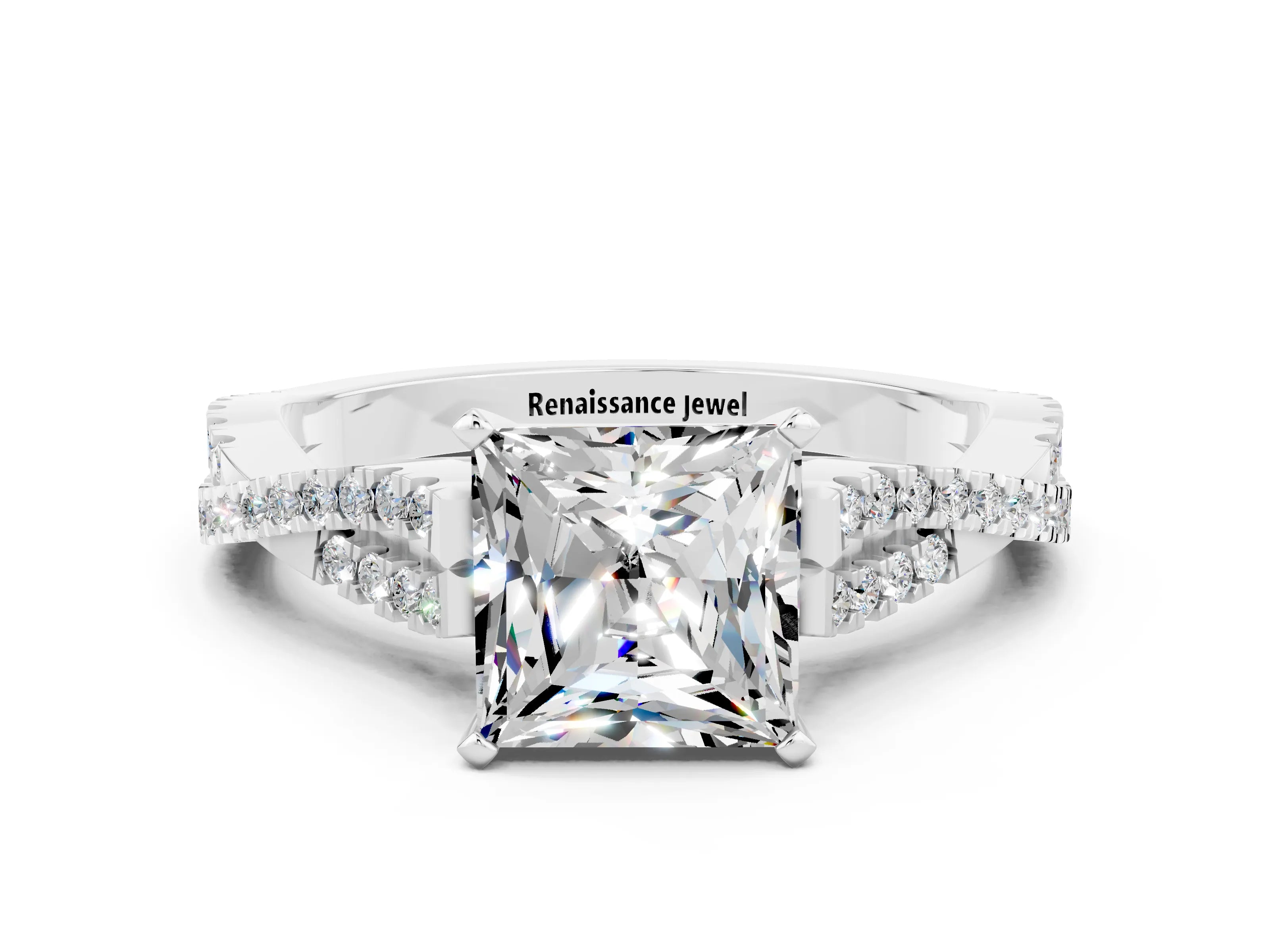 White gold Princess Cut Moissanite Solitaire Engagement Ring with Twisted Pavé Band and Four-Prong Setting_12