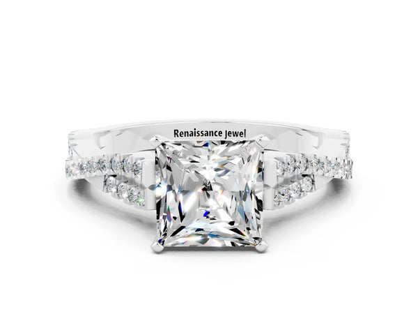 Platinum Princess Cut Moissanite Solitaire Engagement Ring with Twisted Pavé Band and Four-Prong Setting
