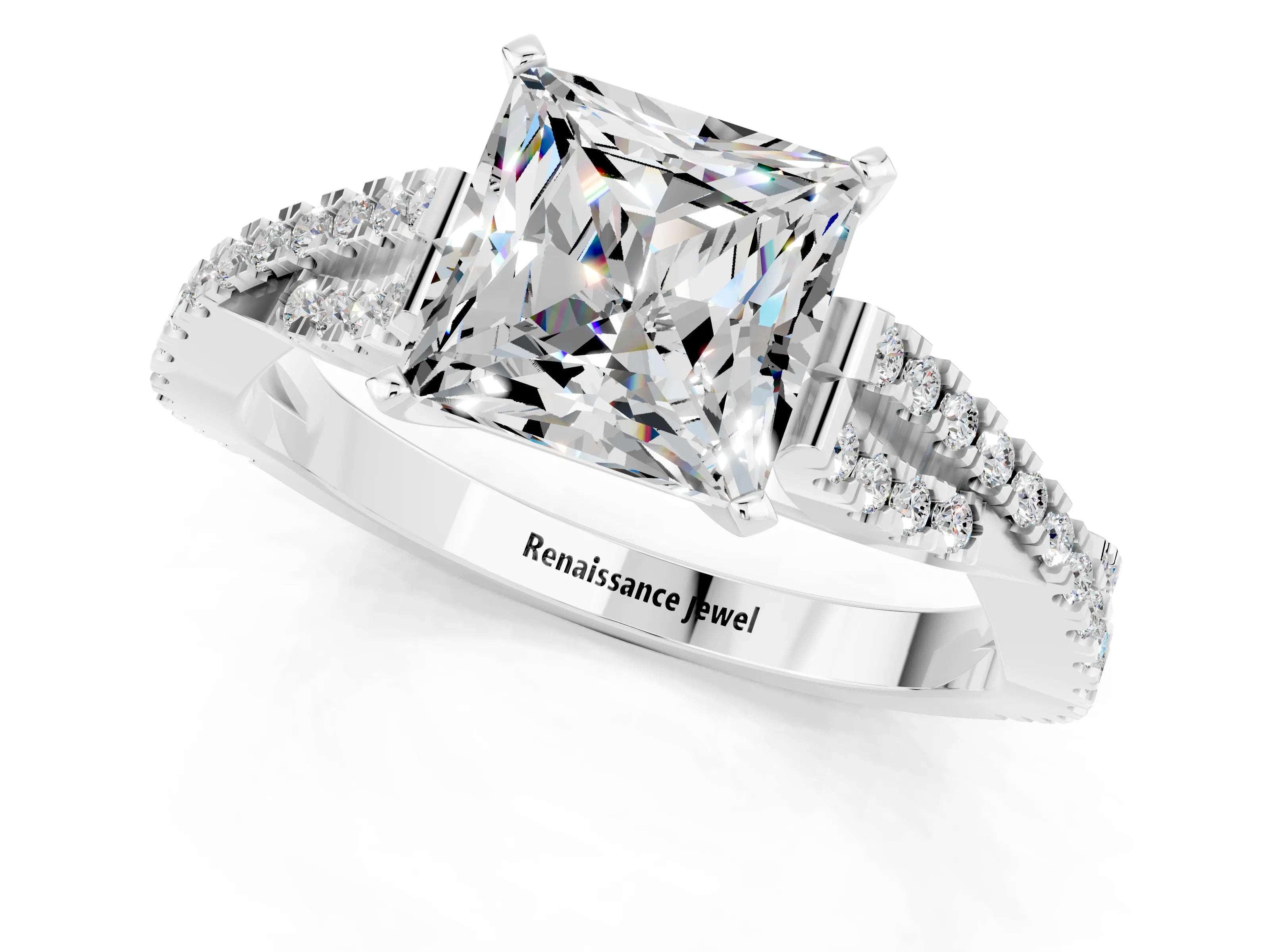 White gold Princess Cut Moissanite Solitaire Engagement Ring with Twisted Pavé Band and Four-Prong Setting_13