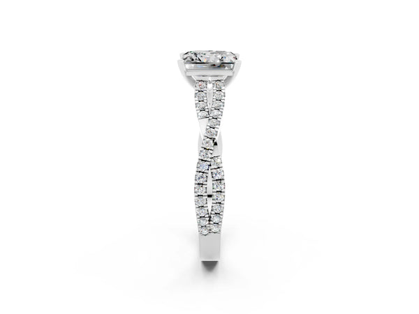 Platinum Princess Cut Moissanite Solitaire Engagement Ring with Twisted Pavé Band and Four-Prong Setting